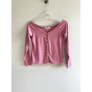 Wishful Park Crop Top Womens M Pink V- Neck Button Long Sleeve